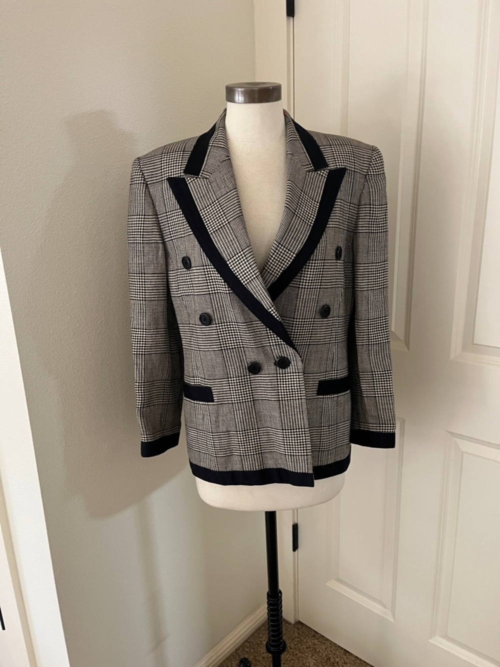 Escada navy  and Gray Glen Plaid Double-Breasted Blazer